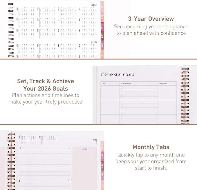 Rileys 2026 Planner, Agenda Planner With Weekly And Monthly View, Daily Agenda Book And Yearly Planners Calendar Book, Spiral Bound With Tabs, Notes, Goals And Holidays (Float, Beige, 8.5 x 11 in)