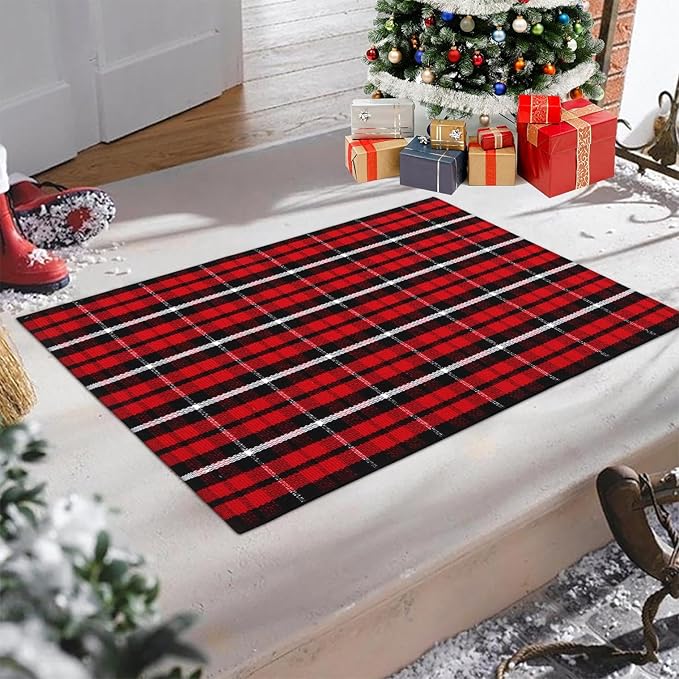 KIMODE Christmas Door Mat Outdoor 24"X35",Red/Black Buffalo Plaid Rug,Washable Cotton Hand-Woven Layered Door Mats,Reversible Outdoor Christmas Decor for Front Porch,Entryway,Kitchen