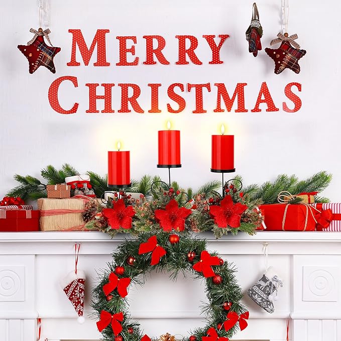 Yunlly Set of 3 Christmas Centerpiece Candleholder with Flameless Candlelights, Poinsettia Adorned Candelabrum for Xmas Family Party Holiday Table Mantle Decoration