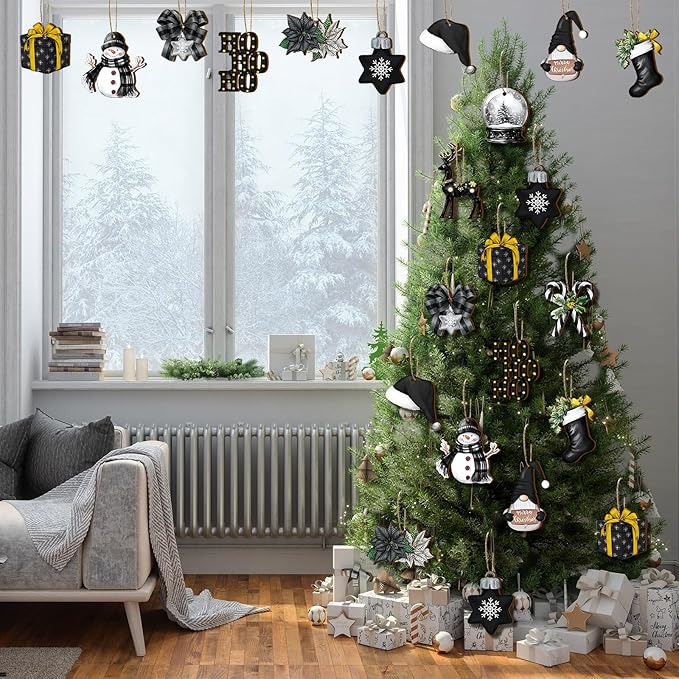 Huwena 36 Pcs Black Christmas Wooden Ornaments Black Christmas Decorations for Tree Snowman Gnomes Poinsettia Flowers Truck Wreath Wood Cutouts Tags with Ropes Winter Decor for Xmas Tree Gifts