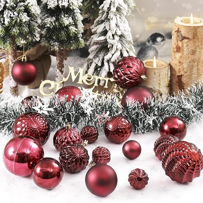 Christmas Balls Ornaments -36pcs Shatterproof Christmas Tree Decorations with Hanging Loop for Xmas Tree Wedding Holiday Party Home Decor,6 Styles in 3 Sizes(Burgundy)