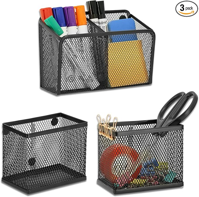 Neudeco Locker Shelf Organizer, Magnetic Pencil Holder, Metal Storage Basket for Whiteboard, Refrigerator, Ideal Cabinet for School, Black (Pack 3L)