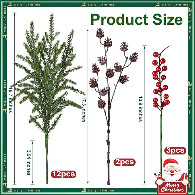 Artificial Christmas Norfolk Pine Stems Branches for Vases,17 Bundles Faux Pine Branches with Pinecones and Red Berries Branches,Fake Greenery Evergreen Real Touch for Holiday Winter Table Xmas Décor