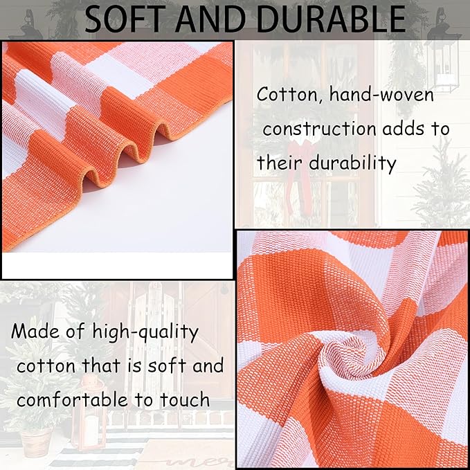 Orange and White Plaid Rug, 4' x 6' Fall Outdoor Front Door Decor Mat, Cotton Washable Hand-Woven Rug for Layered Doormat, Autumn Halloween Thanksgiving Carpet for Porch, Entryway