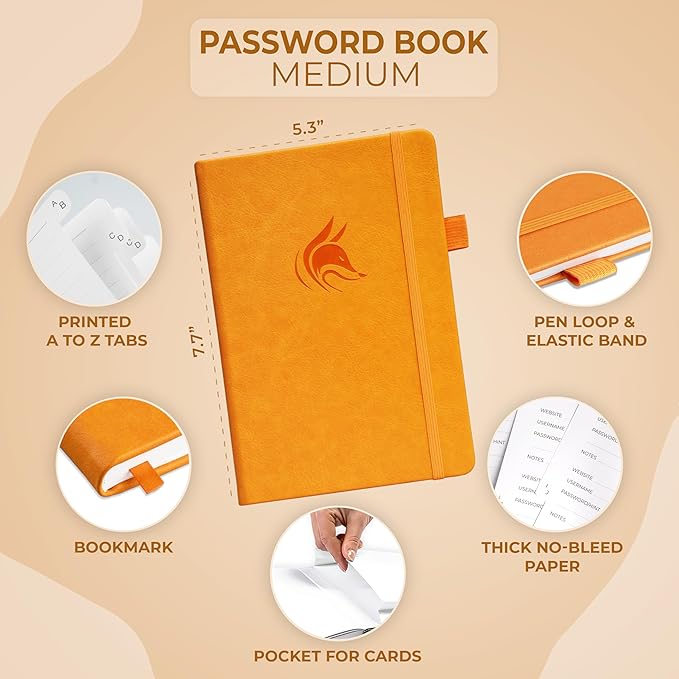 Clever Fox Password Book with alphabetical tabs. Internet Address Organizer Logbook. Medium Password Keeper for Website Logins (Yellow)