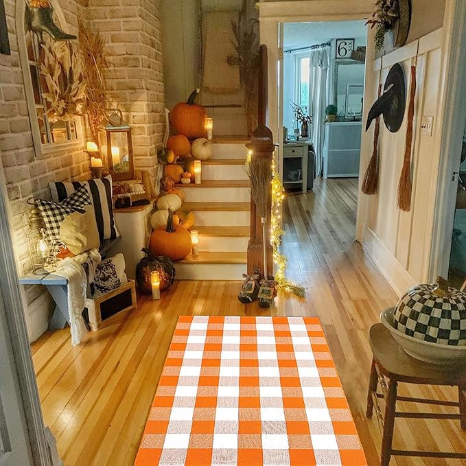 Buffalo Plaid Outdoor Rugs, 3'x5' Orange and White Checkered Indoor/Outdoor Area Rug, Layering Rug for Hello/Welcome Door Mat, Washable Cotton Woven Farmhouse Mat for Fall Front Porch Décor