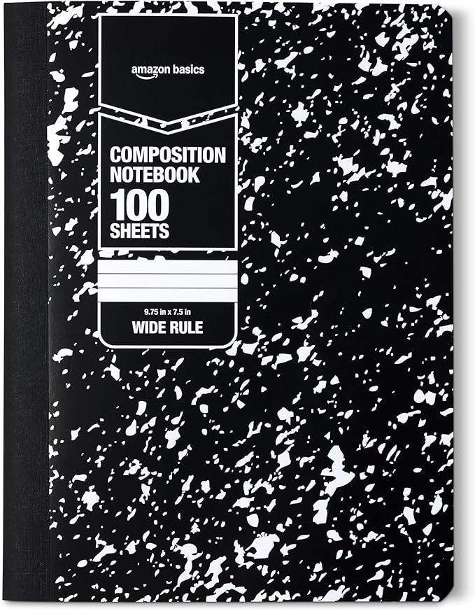 Amazon Basics Composition Notebook, Wide Ruled, 100 Sheets, 1 pack, Marble Black, 9.75" x 7.5"