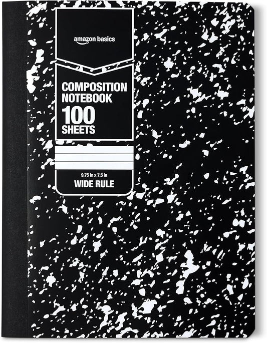 Amazon Basics Composition Notebook, Wide Ruled, 100 Sheets, 1 pack, Marble Black, 9.75" x 7.5"