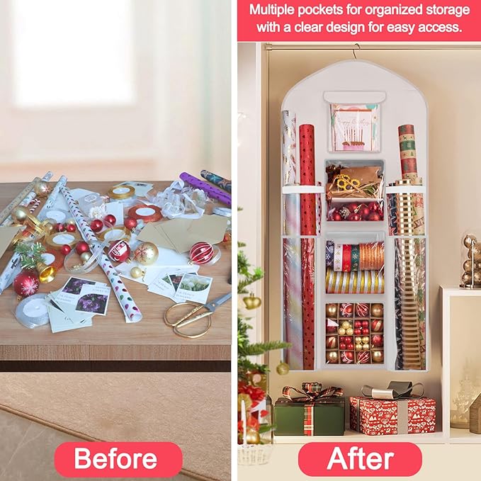 Hanging Gift Wrapping Paper Storage, 48x24 (Extra Large) White Double-Sided Christmas Wrapper Bag Container, Oxford Long Craft Roll Organizer, Present Wrap Holder for Closet, Door