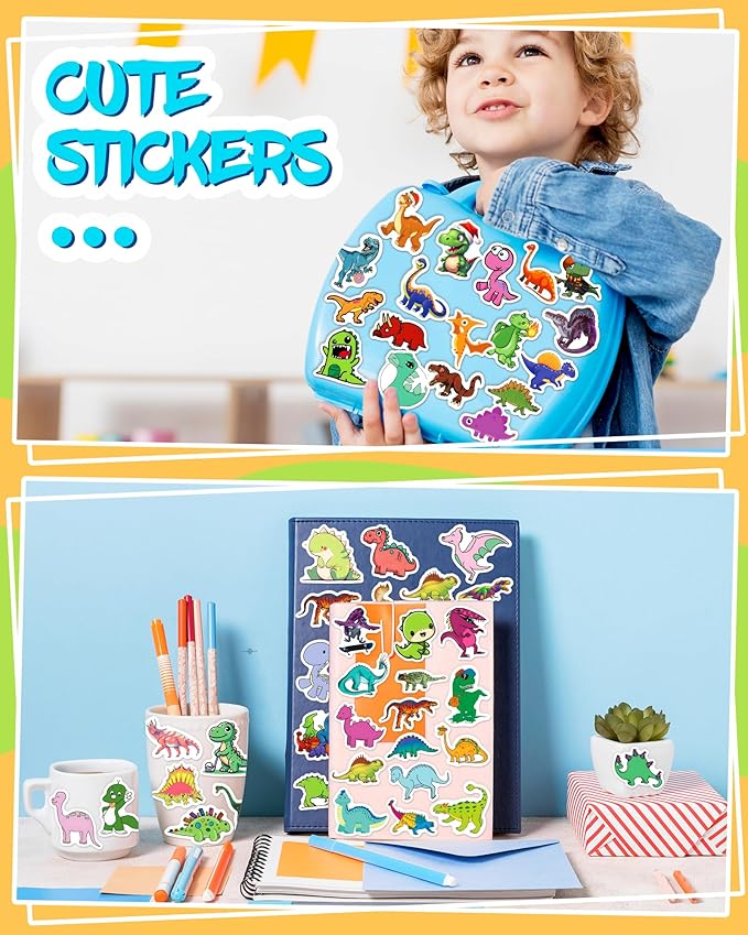 300 Pcs Dinosaur Stickers for Kids, Cute Water Bottle Stickers for Kids Waterproof, Vinyl Laptop Kid Sticker Pack, Kid Classroom Prizes for Elementary Students