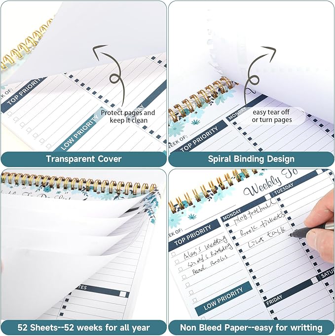 Thboxes 52 Sheets Weekly To Do List Notepad, 8.5" x 11" Efficiently Plan Weekly Task List Notepad for Student Work Home Office School Improve Focus and Efficiency Weekly Planner Blue