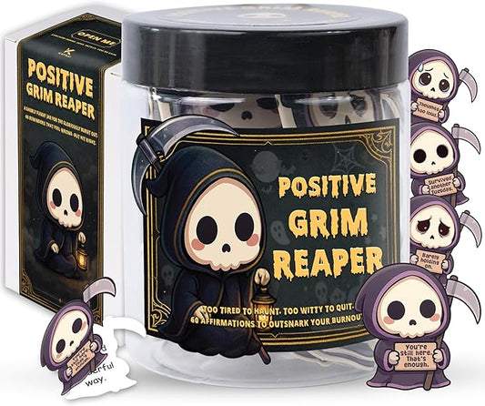 Positive Grim Reaper Jar, 60 Dark Humor, Funny, Affirmation Cards for Stress Relief & Motivation, Halloween Gifts for Friends, Coworkers, Women & Men – Quirky Birthday Gifts, Office, Secret Santa