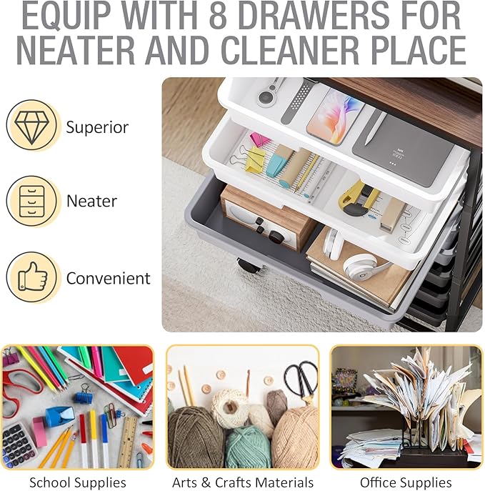 Rolling Storage Cart with 8 Drawers, Utility Cart on Wheels with Wooden Tabletop, Utility Cart for Teacher Storage, Office Organizer, Classroom Storage Cart, Craft Storage, Grey
