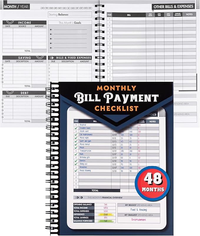 Monthly Bill Payment Checklist: Bill Tracker Notebook With Spiral Binding 8"x10" The 4-Year Guide for Families & Money Managers, 960 Billing Records Included (Blue)
