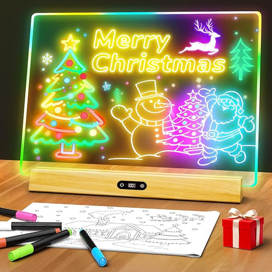 LED Note Board with Colors, Rechargeable 17-Inch Doodle Glow 9-Mode Light Up Desk Sign Letter Message Memo Drawing Dry Erase Board for Classroom/Home Decor/Office/Gifts, 5 Markers & Tracing Book