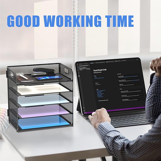 Supeasy 2 Pack 5-Tier Desk Organizer with Handle Mesh Desk File/Paper Organizer Letter Tray for Office, School and Home Easy Installation, Black
