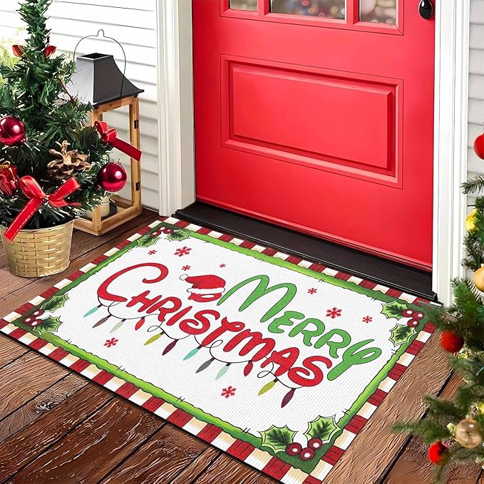 Christmas Door Mat Outdoor, Merry Christmas Plaid Hat Light Snowflakes Welcome Mats for Front Door Holiday Doormat Indoor Entryway Floor Rug for Entrance Outside Home, 18" x 30"Inch