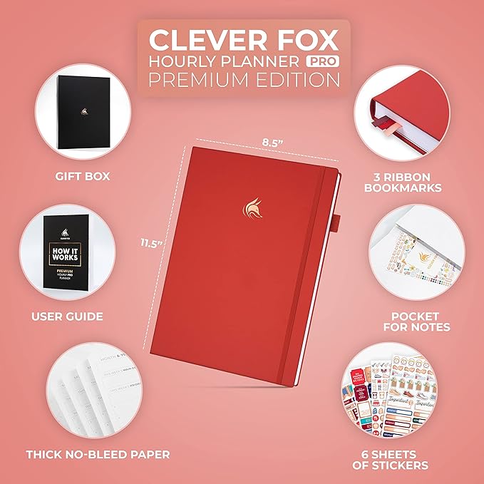 Clever Fox Hourly Planner PRO Premium – Undated Schedule Planner with Daily Time Slots – Personal Organizer Notebook for Time Management – Weekly & Monthly Life Journal, A4 size (Red)