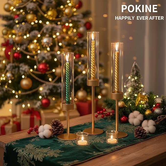 Set of 6 Gold Candle Holders, Tall Hurricane Candlestick Holders with Glass for Taper and Pillar Candles, Home Decor for Wedding, Christmas, Party, Anniversary, Dining Table