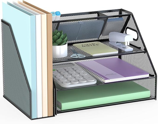 Docnest 3 Tier Paper Letter Tray, Metal Mesh Desk Organizer with Handle Builtin Pen Holder Space Saving Desktop File Storage for Office Supplies Black