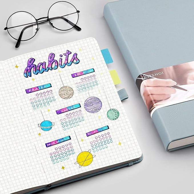 EMSHOI Graph Paper Notebook - 256 Pages A5 Graph Notebook/Journal, Hard Cover, 120gsm Thick Paper, Smooth PU Leather, Inner Pocket, 5.75'' × 8.38''-GrayBlue