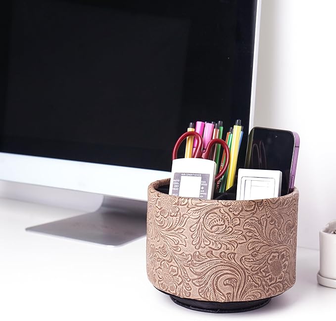 lizimandu Round Leather Art Supply Organizer,Remote Control Holder,360 Degree Spinning,Multi-Functional Pencil Holder,4 Compartments Desktop Stationary Organizer(1-Carved Wood Beige)