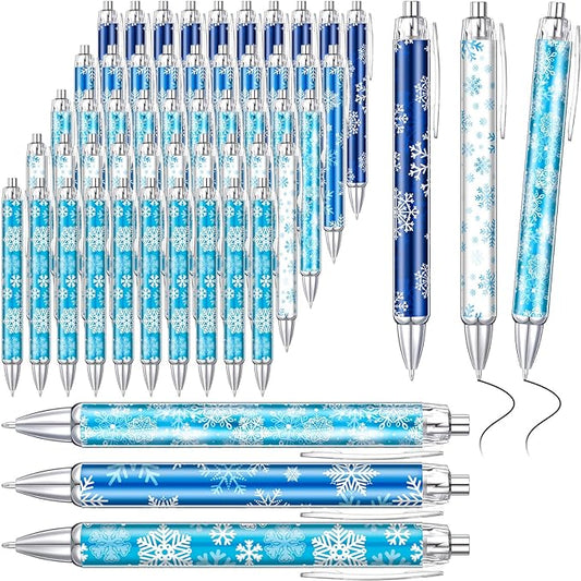 Thenshop 50 Pcs Christmas Pens Bulk Retractable Snowflake Ballpoint Pens Black Ink Winter Xmas Snowflake Pattern Appreciation Christmas Gifts Office Supplies Stationery for Xmas Party Writing