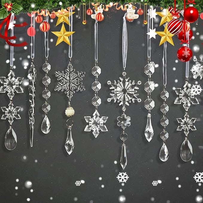 Christmas Tree Decoration Crystal Ornaments - 48pcs Acrylic Christmas Ornaments Snowflake Icicle Drop Crystal Hanging Ornaments for Xmas Tree Winter Holiday Frozen Party Decorations