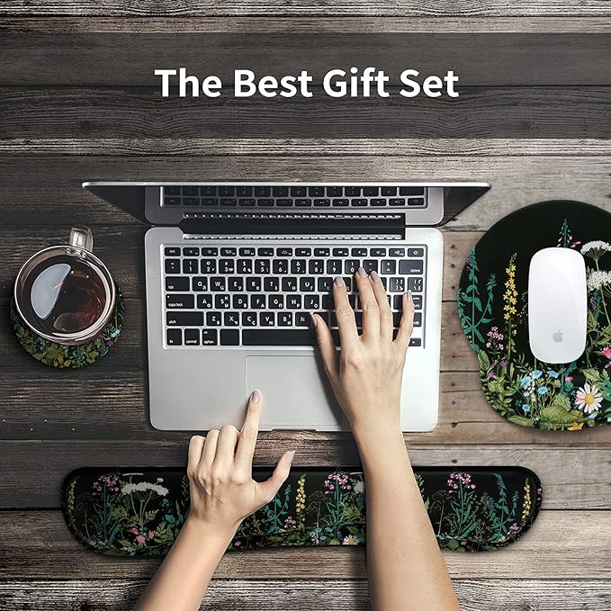 iCasso Large Mouse Pad, Mouse Pad Wrist Support Set,4in1 XXL Large Mousepad + Keyboard Wrist Rest+Mouse Wrist Rest+Coaster Set with Ergonomic Design for Home Office Table Computer-Weeds