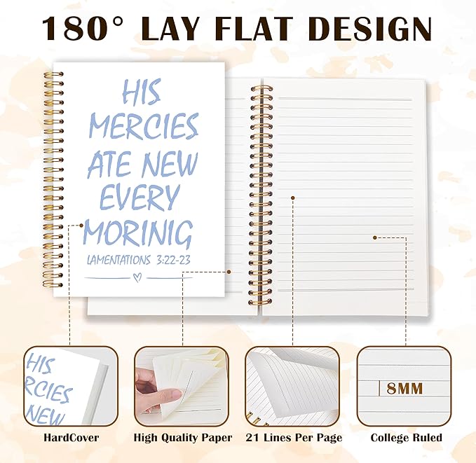 Qabliqo Trendy Blue Christian Spiral Notebooks, His Mercies Are New Every Morning Bible Journal, Religious Scripture Journals for Writing, Bible Verse Notebook for Note Taking, 5.5x8.3 Inch