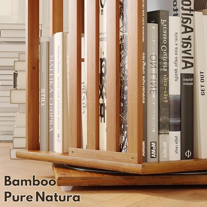 Rotating Bookshelf Tower, 360 Display Spinning Bookcase, Bamboo Bookshelf Floor Standing Storage Rack, Wood Narrow Book Shelf Organizer for Kids&Adults, Walnut 6 Tier