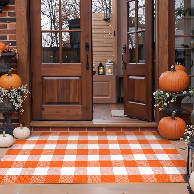 KIMODE Fall Outdoor Rug Orange and White 3'x5',Washable Cotton Halloween Front Door Rug,Farmhouse Buffalo Plaid Layering Rugs,Reversible Fall Door Mat for Entryway,Halloween Front Porch Decor