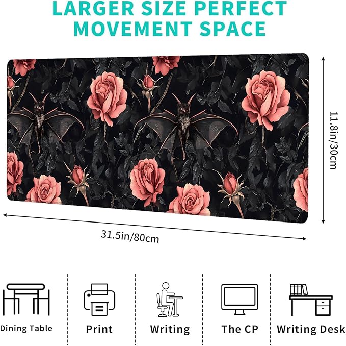 Gothic Bat & Rose Gaming Mouse Pad – 12x31.5in Non-Slip Rubber Desk Mat with Dark Floral Design – Large Extended Mouse Pad for Office Home – Ideal Deskmat Gifts for Goth Decor & Nature Lover