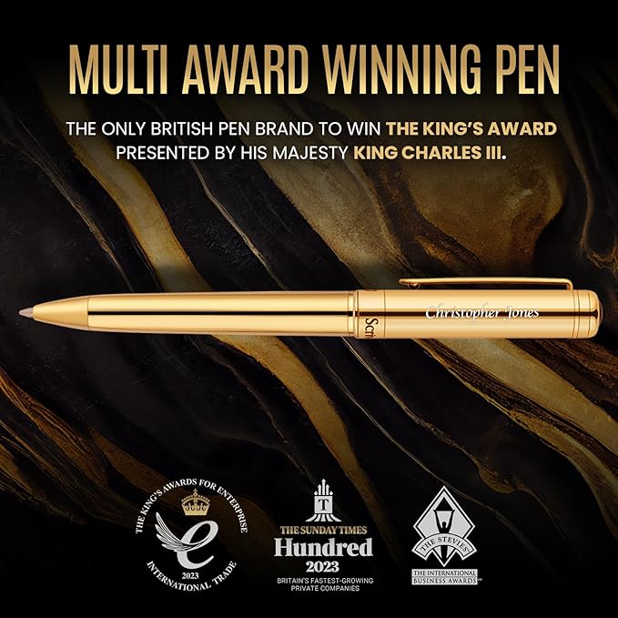 Scriveiner Personalized Gold Ballpoint Pen - Stunning Luxury Pen, Real Gold Plating, Schmidt Ink Refill, Best Engraved Ball Point Gift Set for Men & Women, Custom Name Engraving