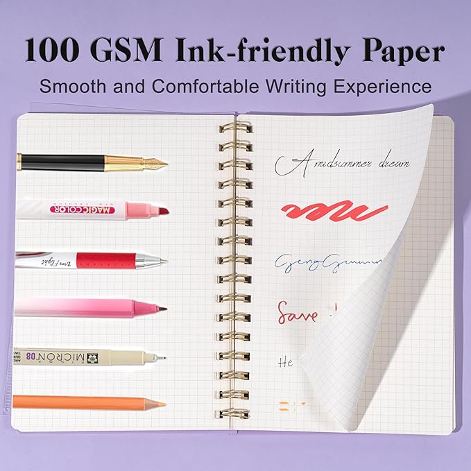 Yoment Graph Paper Spiral Notebook A5 Graphing Notebook 160 Pages Graph Paper Notebook Spiral Bound Waterproof Plastic Hardcover Spiral Journal 5x7 Grid Notebooks for Note Taking,Purple