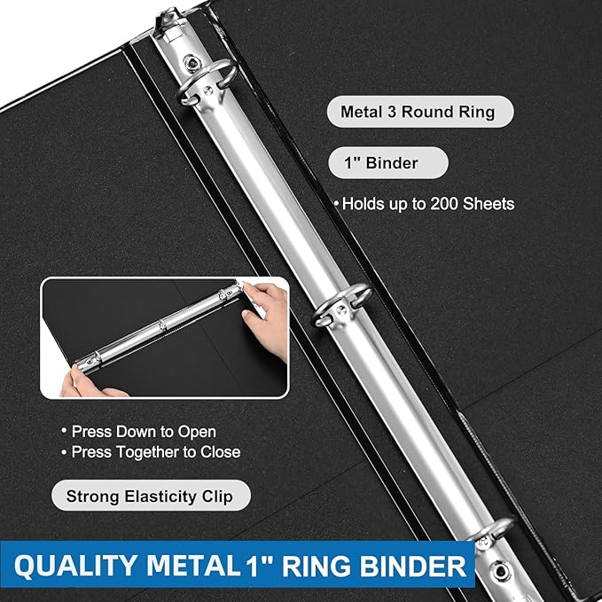 1-inch 3-Ring Binder, 1" Round Ring Binder with 2 Inside Pockets, 8 Pack Black Binders, Clear View Cover, Holds 8.5'' x 11''Paper for Office/Home/Back to School