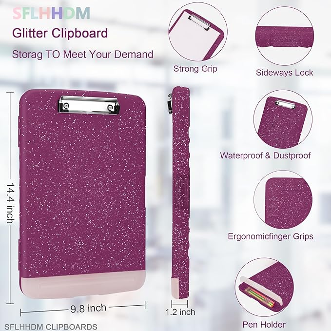 Glitter Clipboard with Storage,Storage Clipboard with Pen Holder,A4 Binder Clip Boards 8.5x11 with Low Profile Clip,Side Opening Sparkle Clipboards,Clipboards Folder for Office Supplies-Purple Alfalfa