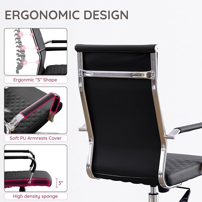 Livinia Modern Executive Office Chair with Patterned Back Design, Chrome & Leather Swivel Chair with High Back, Adjustable Height, Removable Armrests, and Wheels for Home Office (Black(Chrome))