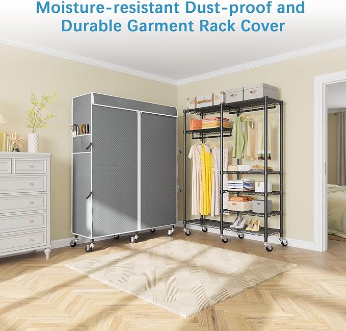 VIPEK R4C Rolling Garment Rack 6 Tiers Adjustable Heavy Duty Wire Shelving Portable Clothes Rack with Lockable Wheels, Black Metal Clothing Rack with Grey Upgraded Polyester Cover, Max Load 620lbs