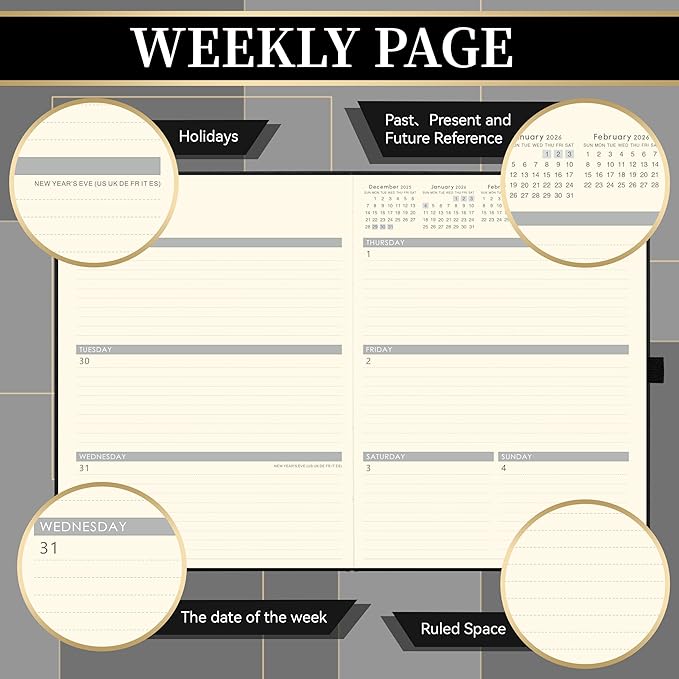 2026 Planner - Weekly and Monthly Planner 2026, Jan.2026 - Dec.2026, 9" x 11", 2026 Calendar Planner with Inner Pocket + Bookmarks+ Leather Hardcover, Black