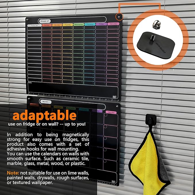 MAG-FANCY Magnetic Dry Erase Calendar for Refrigerator Weekly Chore Chart Schedule Planning Board 6 Fine Tip Wet EraseMarkers & Mounts for Wall Hanging Black