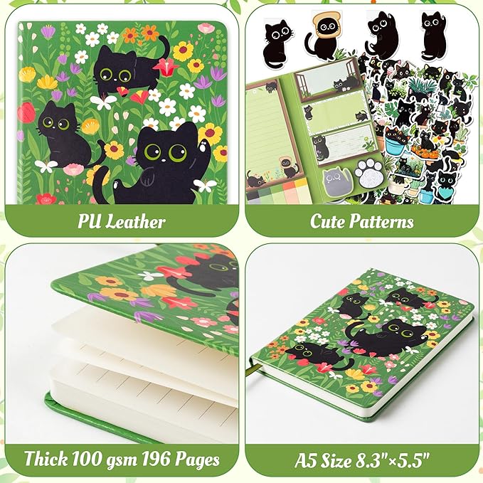 B1ykin Notebook Sticky Notes Stationery Set, 6Pcs Hardcover Ruled Journal Notebook with Planner Stickers, Neutral Pen Bookmarks Clips Birthday Gift for Office Students (Black Cat Floral)