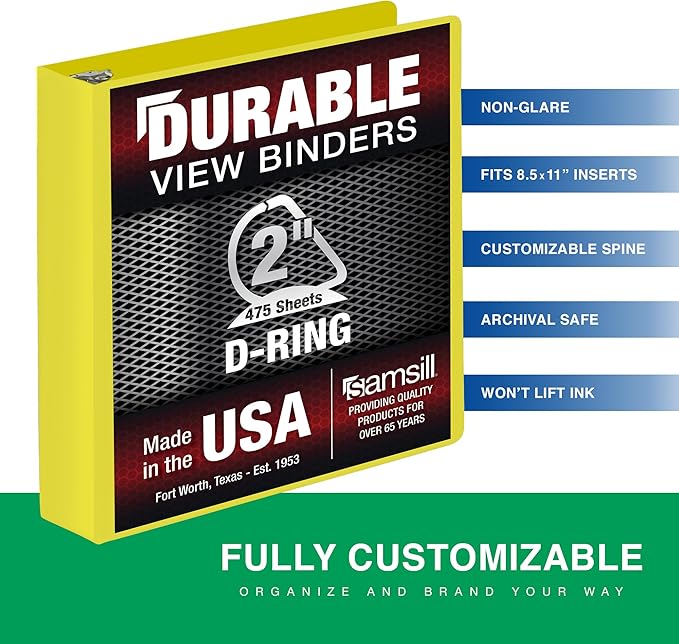 Samsill Durable 2 Inch Binder, Made in The USA, D Ring Binder, Customizable Clear View Cover, Lemon Yellow, Holds 475 Pages