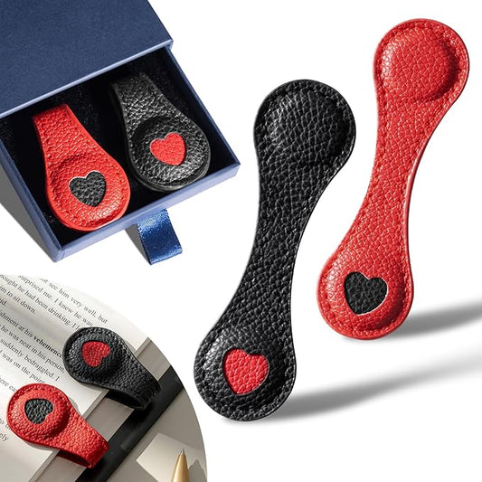 2Pcs Magnetic Leather Bookmarks with Gift Box, Magnetic Pen Holder Book Marks Clip Gift for Book Lover Readers Men Women Teachers Students, Heart Bookmarks