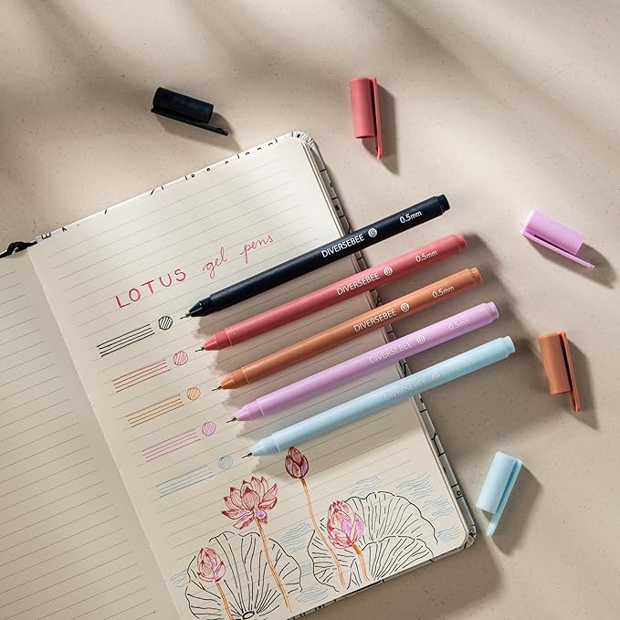 DIVERSEBEE Assorted Gel Ink Pens, 0.5 mm Gel Pens Fine Point, Cute Fine Tip Bible Pens No Bleed Through, Bible Study Journaling Supplies, 5 Pack Set (Lotus)