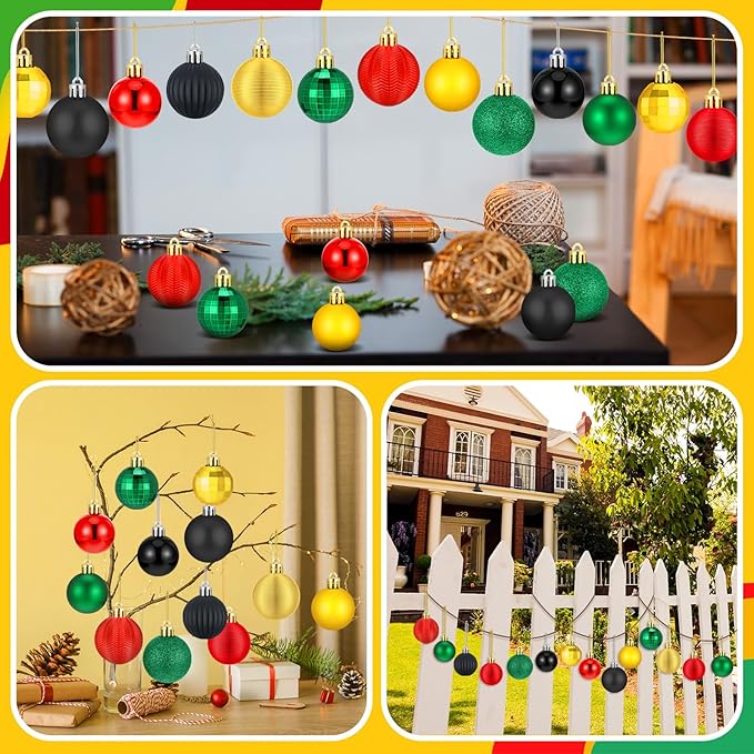 64 Pcs Black History Month Christmas Ball Ornaments Decoration Glitter Matte African American Ornament 1.6/1.97/2.4 Inch Assorted Black Red Yellow Green Xmas Baubles for Home Tree Party