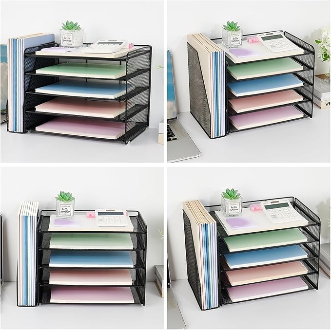 OPNICE 5-Tier Paper Organizer with Magazine Holder, Desk Organizers and Accessories, Office Desk Accessories & Workspace Organizers, Desktop File Organizer for Office Supplies Storage, Black