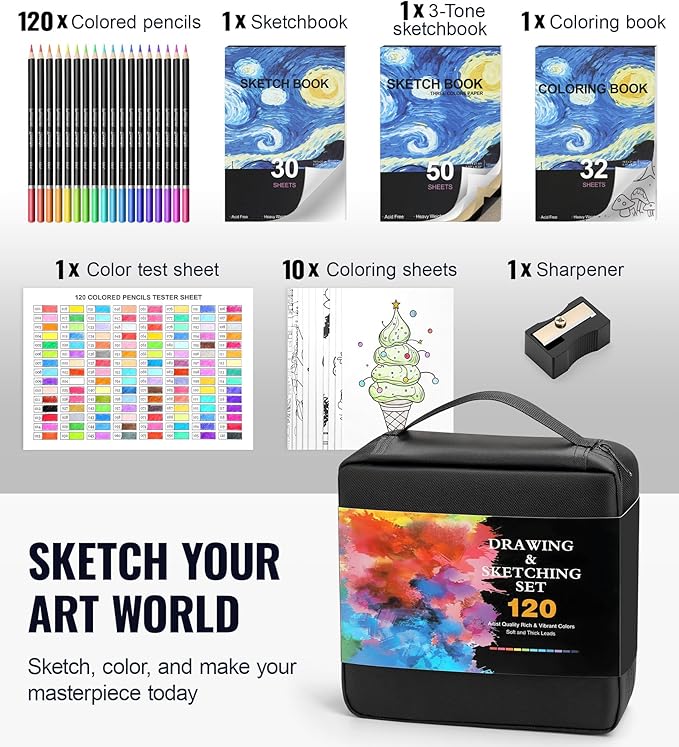 120 Pack Colored Pencils for Adult Coloring Books, Soft Core Oil Based Color Pencils with Sketch Book, Color Book, Art Supplies with Zipper Case, Gifts for Kids, Adults, Artists, Professionals