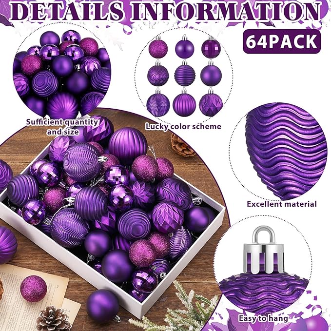 64 Pcs Purple Christmas Ball Ornaments 1.6/1.97/2.4 Inch Dark Purple Christmas Tree Decorations Shatterproof Plastic Xmas Bulbs Ornament for Tree Wreath Indoor Holiday Decor