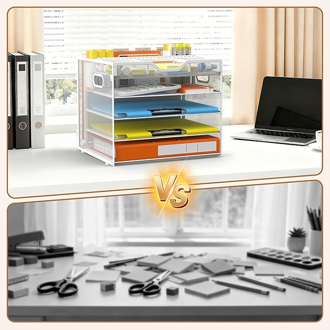 Docnest 5 Tier Letter Tray with Hanging File Organizer-Mesh Desk Organizer-Desktop Storage Box Built in Pen Holder and Handles, File Folder Holder for Mail Documents Office Supplies-White